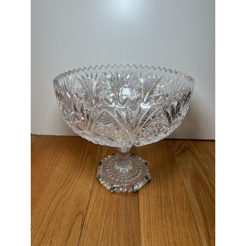 Vintage Clear Crystal Compote Pedestal Bowl Starburst Sawtooth Rim Unmarked
